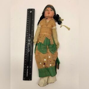 Vintage 14” Composition & Cloth Mexican Mexican Doll Stuffed Body Hand painted
